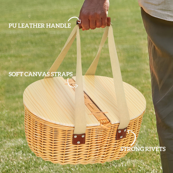 Wicker Picnic Basket for 2 with Pine Wood Lid, Picnic Hamper with Cooler Compartment, Cutlery Service Kits, Carry Handle for Camping, Outdoor, Valentine Day, Chirtmas, Birthday, Light Brown