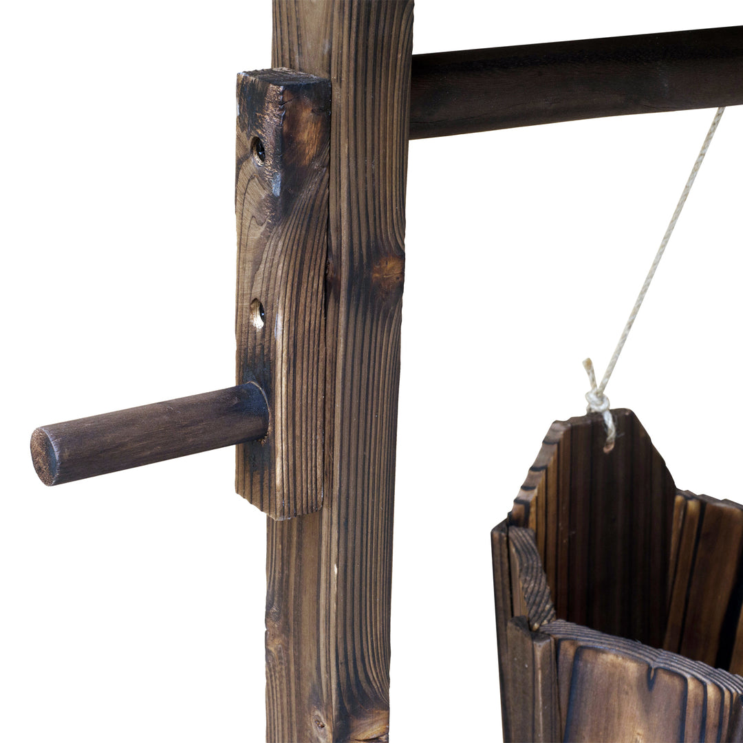 MCL Wooden Wishing Well Planter Outdoor Flower Pot Backyard Garden Decor w/ Bucket