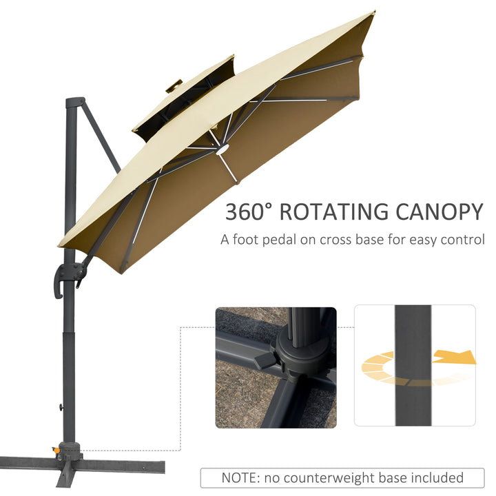 3m Cantilever Parasol, Outdoor Offset Patio Umbrella, Solar LED Lighted Hanging Sun Shade Canopy with Tilt and Crank Handle, Cross Base for Lawn, Khaki