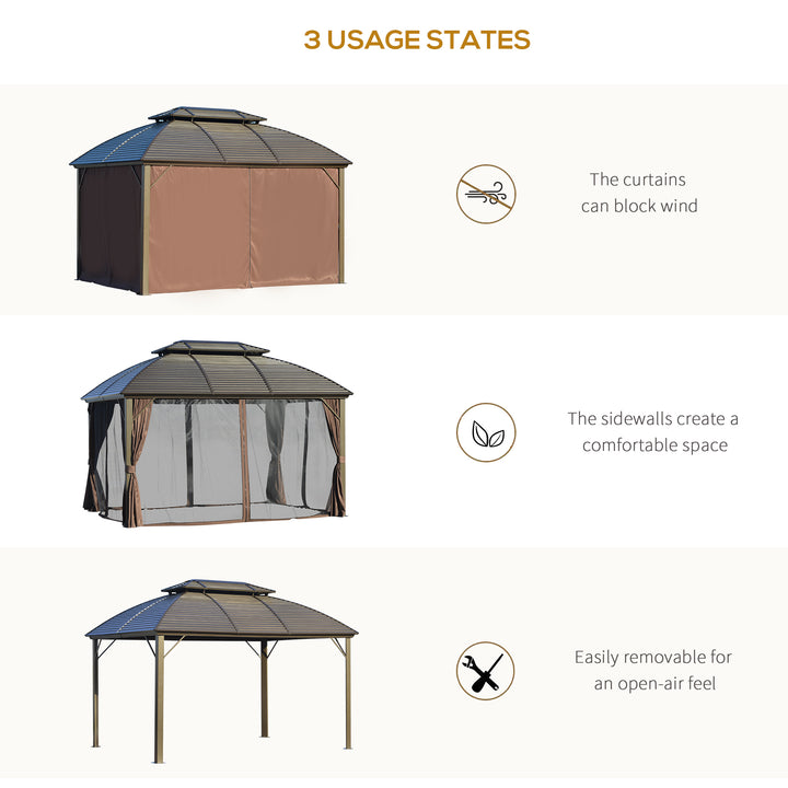 Outsunny 3.65 x 3(m) Hardtop Steel Gazebo Canopy for Patio Heavy Duty Outdoor Pavilion with Aluminum Alloy Frame, Double Roof, Brown