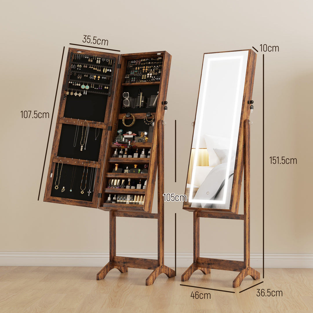Jewellery Cabinet with LED Light, Lockable Jewellery Organiser with Full-Length Mirror for Bedroom Dressing Room, Rustic Brown