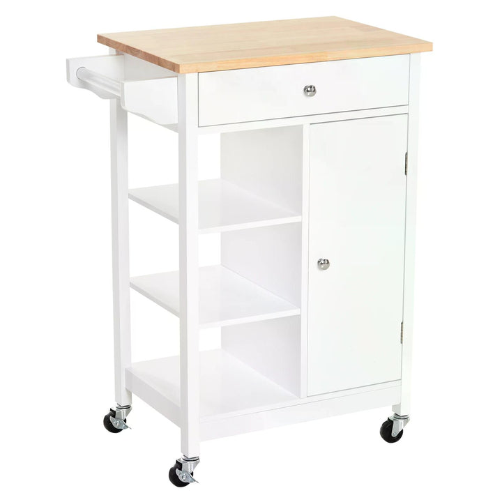 HOMCOM Kitchen Storage Trolley Unit w/ Wood Top 3 Shelves Cupboard Drawer Rail 4 Wheels Handles Moving Shelf Handy Spacesaver White | Aosom UK