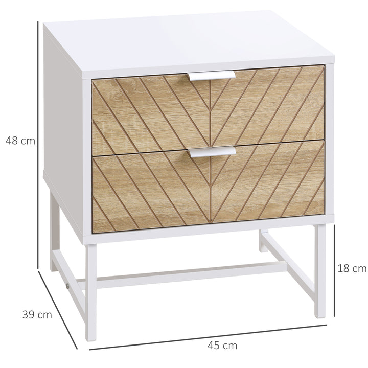 HOMCOM Modern Bedside Tables: Set of 2 with Drawers & Metal Frame, Sofa Side Tables, White and Oak | Aosom UK