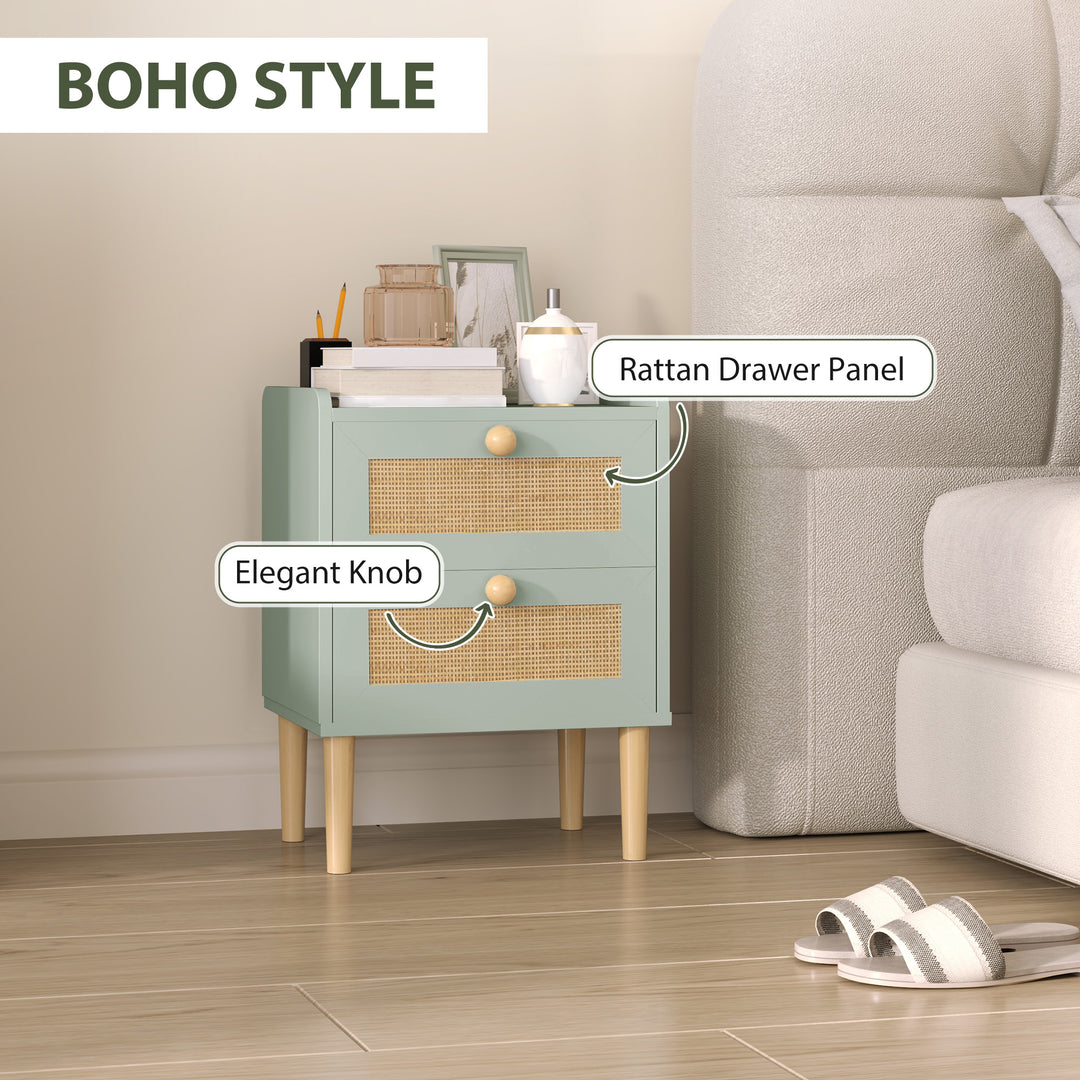 Bedroom Chest of Drawers, Boho Rattan Dresser with 2 Drawers, Storage Cabinet for Living Room, Hallway, Entryway, Olive Green