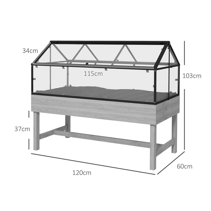 Outsunny Elevated Wood Planter with Mini Greenhouse Raised Garden Bed with PC Panel Top Vent 120 x 60 x 103cm Distressed Grey
