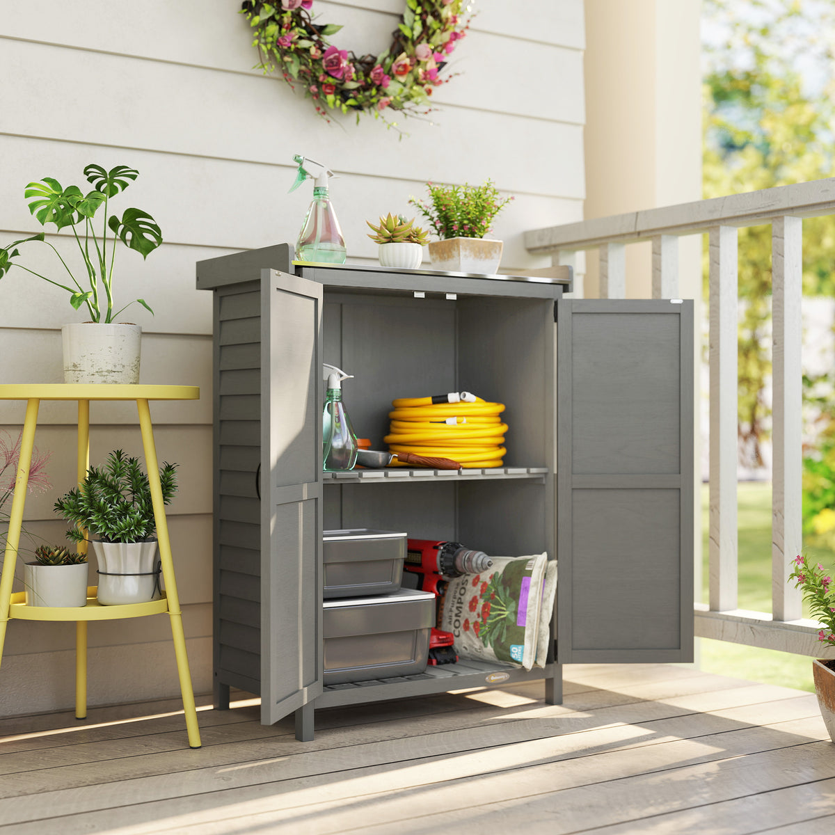 Wooden Garden Shed, Garden Tool Storage Shed with Shelf and Side Hooks