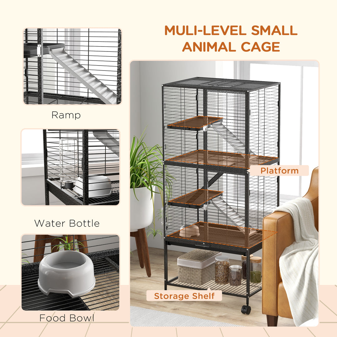 PawHut Rolling Chinchilla Cage, Small Animal Cage for Ferrets w/ Three Doors, Storage, Shelf, Tray Tray, Bowl, Water Bottle