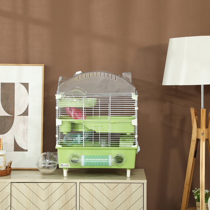 3-Tier Hamster Cage with Transparent Top, Sand Bathroom, Exercise Wheel, Hideout Room, Tubes, 45 x 28 x 60 cm, Green