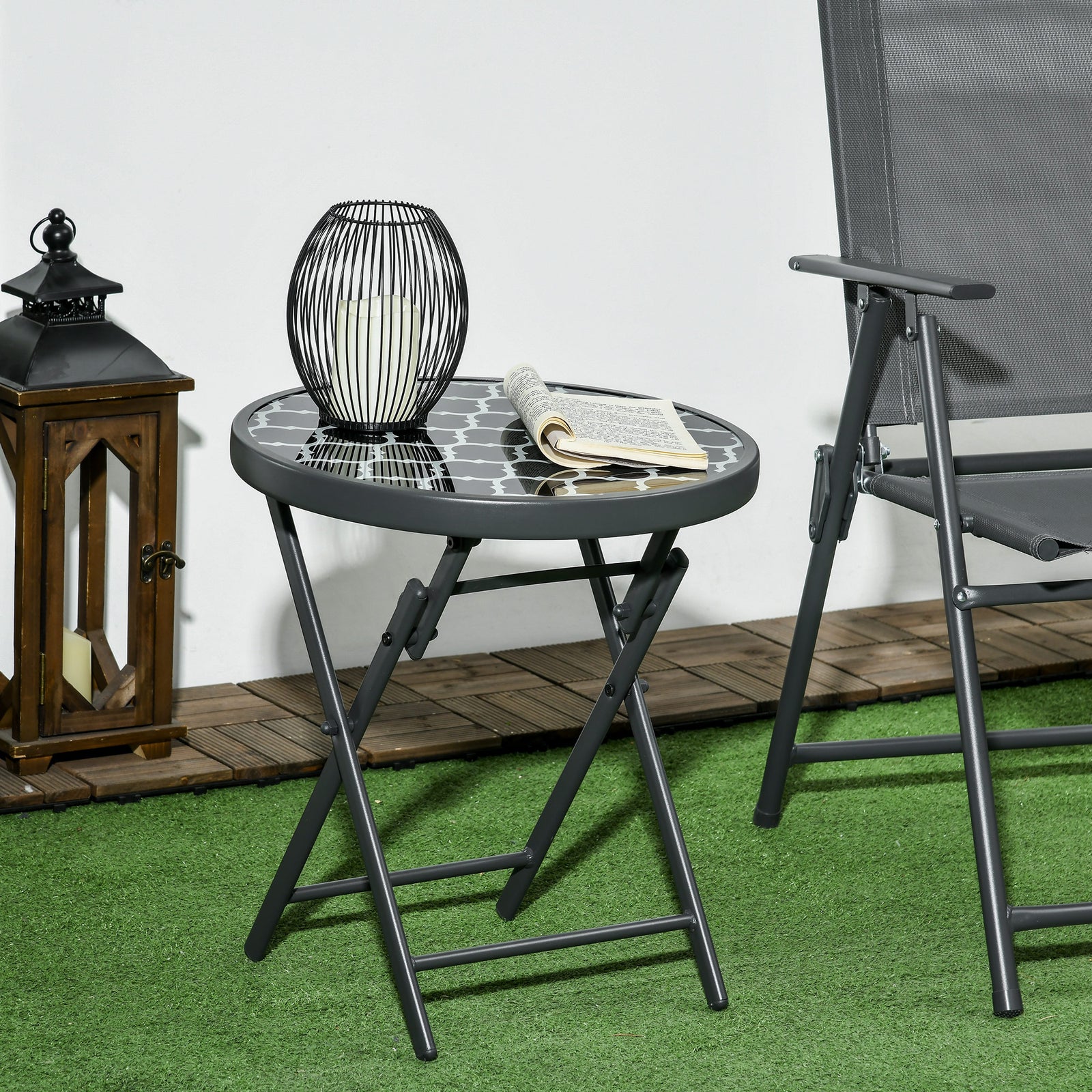 Φ45cm Garden Side Table, Outdoor Round Folding Patio Table with Imitation Marble Glass Top, Small Coffee Table, Black and White