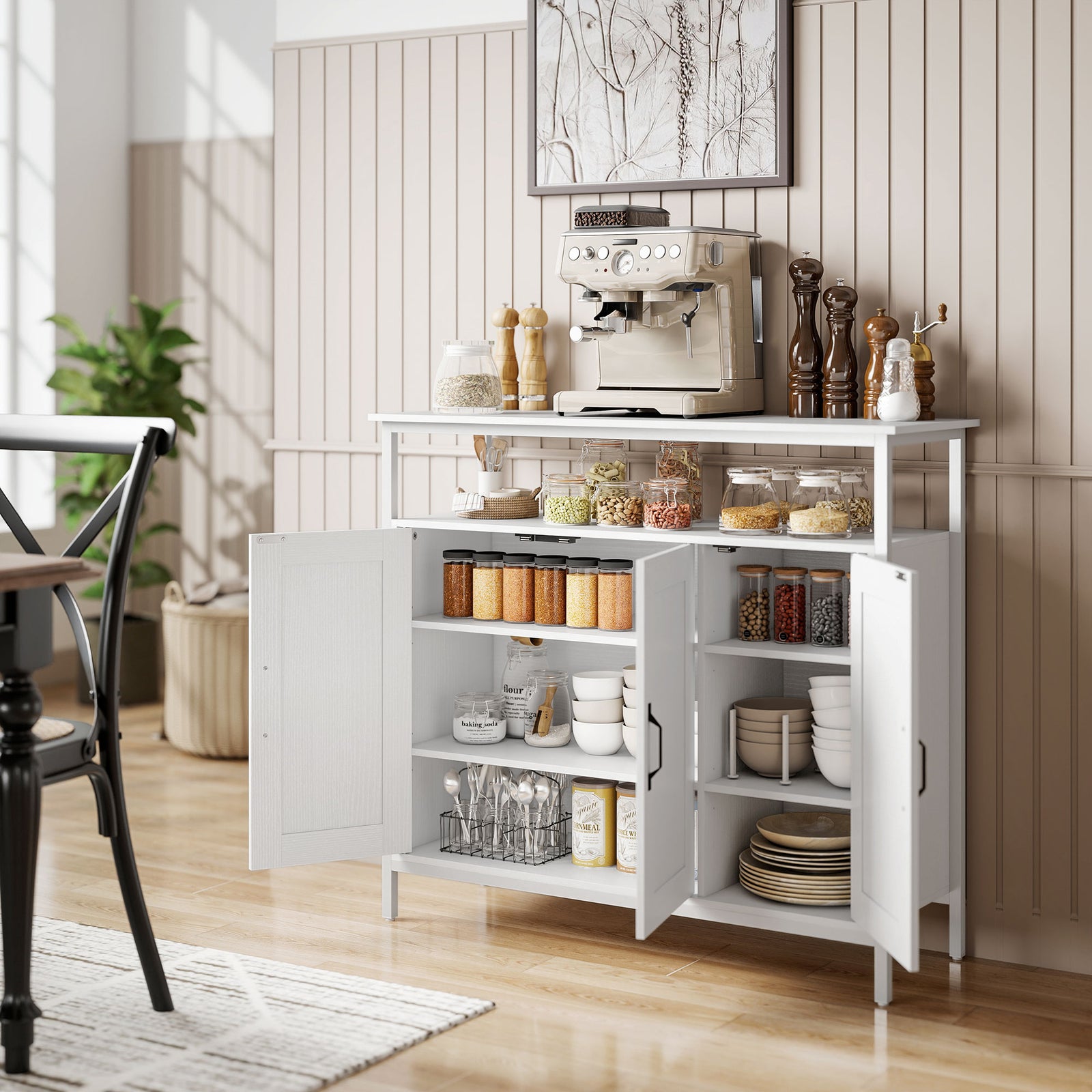 Industrial Kitchen Sideboard with Open Shelf, 2 Cabinets, Adjustable S