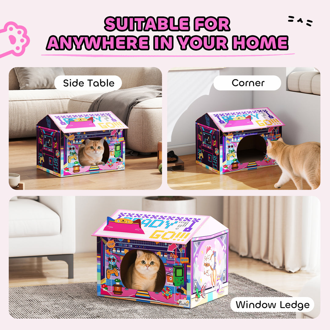 MCL 2 in 1 Gaming Style Cardboard Cat House with Scratching Board & Catnip for Indoor Cats, Pink