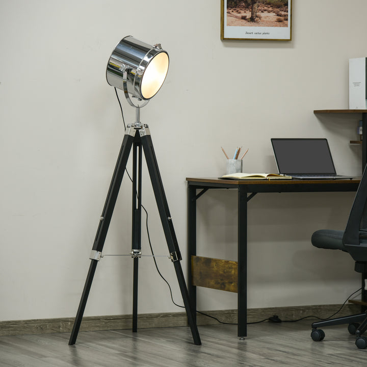 MCL Industrial Style Adjustable Tripod Floor Lamp, Searchlight Lamp with Wooden Legs and Steel Lampshade, 110-155cm, Black