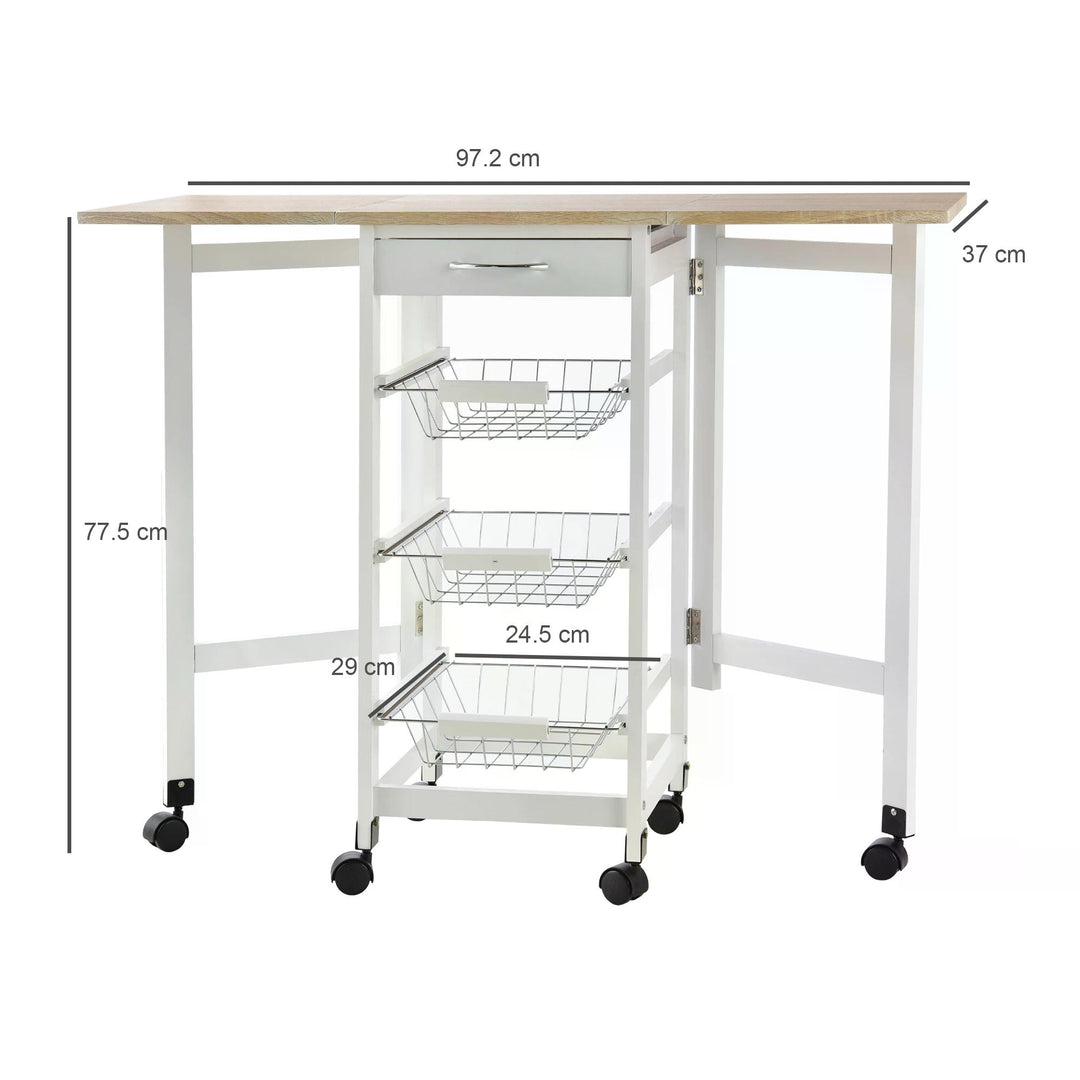 HOMCOM Drop-Leaf Kitchen Trolley w/ 3 Baskets Drawer Surface Top 6 Wheels Rolling Storage Unit Kitchen Home Dining Cart White Oak Tone | Aosom UK