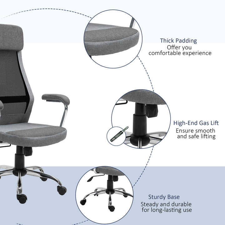 Office Chair, Ergonomic Desk Chair, High Back Computer Chair with Adjustable Height, Swivel Rolling Wheels, Mesh Back and Linen-Feel Fabric Seat for Home and Study, Grey
