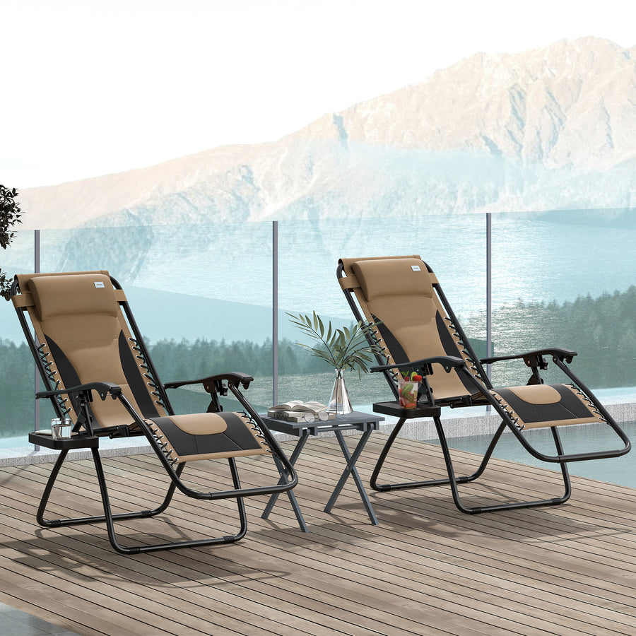 Zero Gravity Lounger Chair Set of 2, Folding Reclining Patio Chair with Padded Seat, Cup Holder, Soft Cushion and Headrest for Poolside, Camping, Coffee