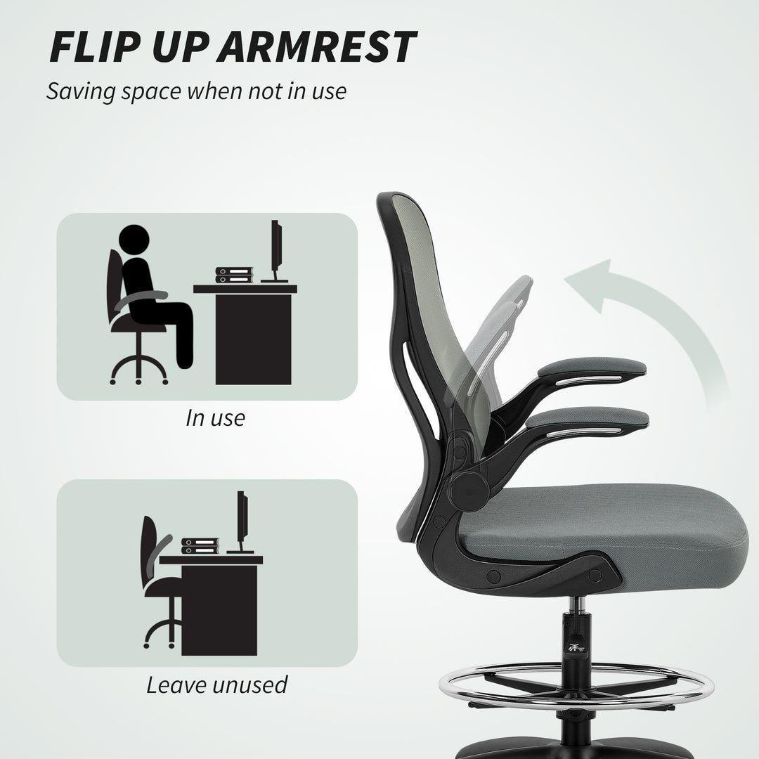 Draughtsman Chair with Flip-up Armrests, Mesh Standing Desk Chair with Lumbar Support and Adjustable Foot Ring for Bar Counter, Charcoal Grey