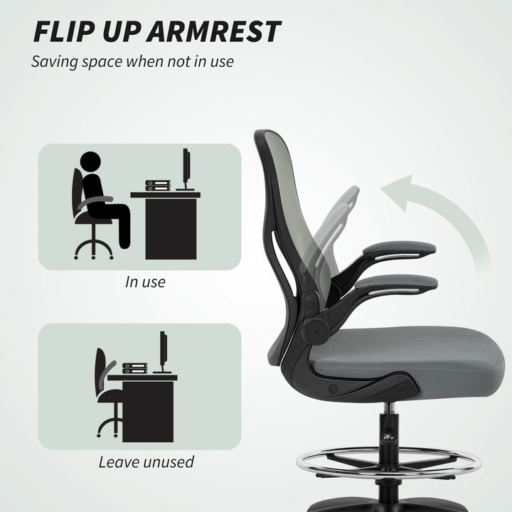 Draughtsman Chair with Flip-up Armrests, Mesh Standing Desk Chair with Lumbar Support and Adjustable Foot Ring for Bar Counter, Charcoal Grey