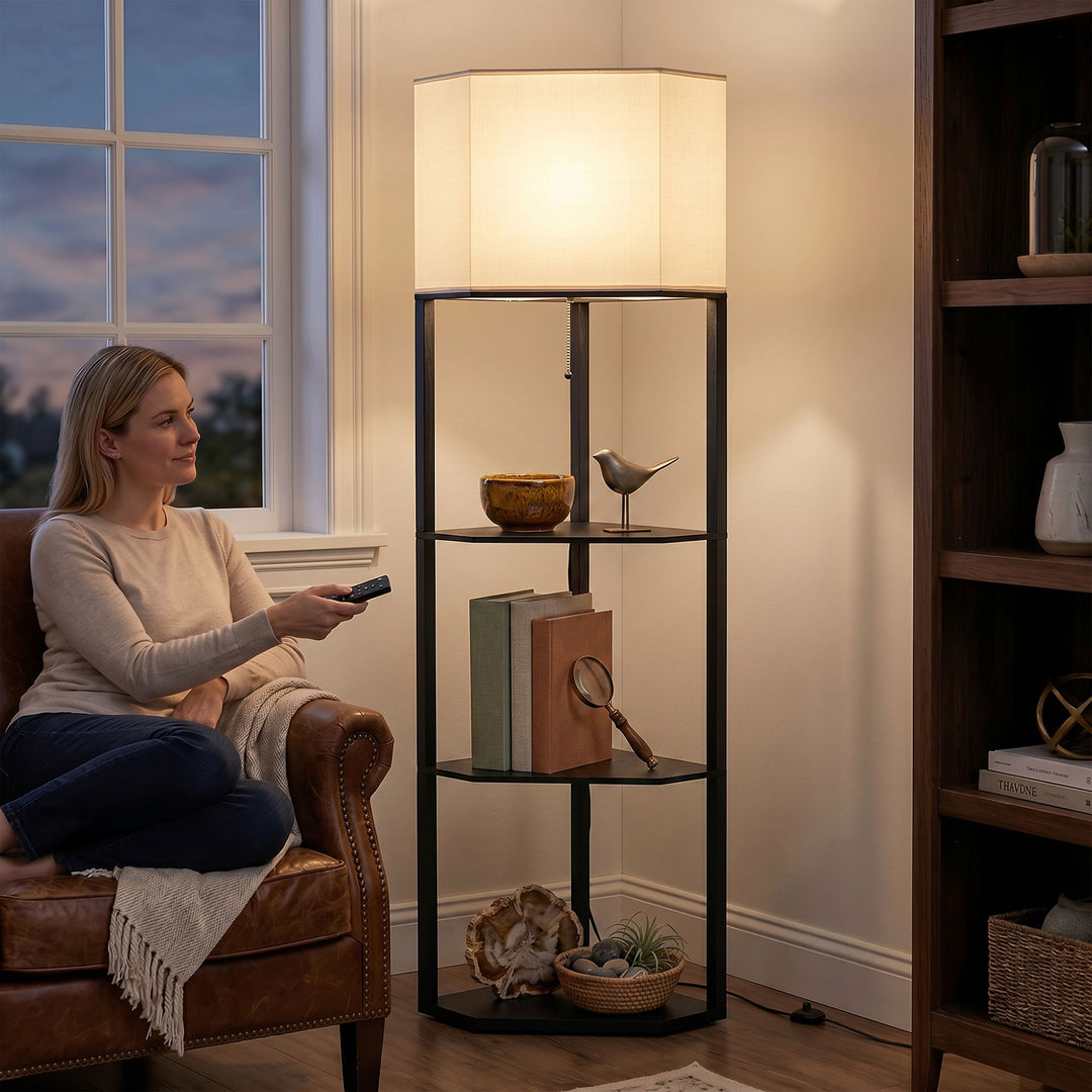 Corner Floor Lamp with Shelves and Lights, Modern Dimmable Standing La