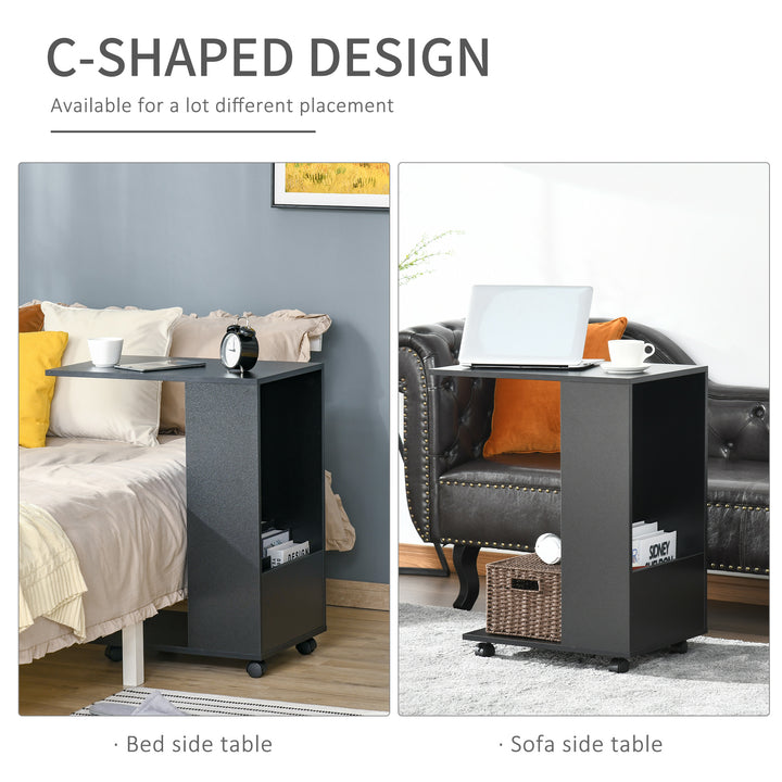 HOMCOM C-Shape End Table, Mobile Sofa Side Table with Storage, Casters for Laptop Coffee Snack, Black | Aosom UK