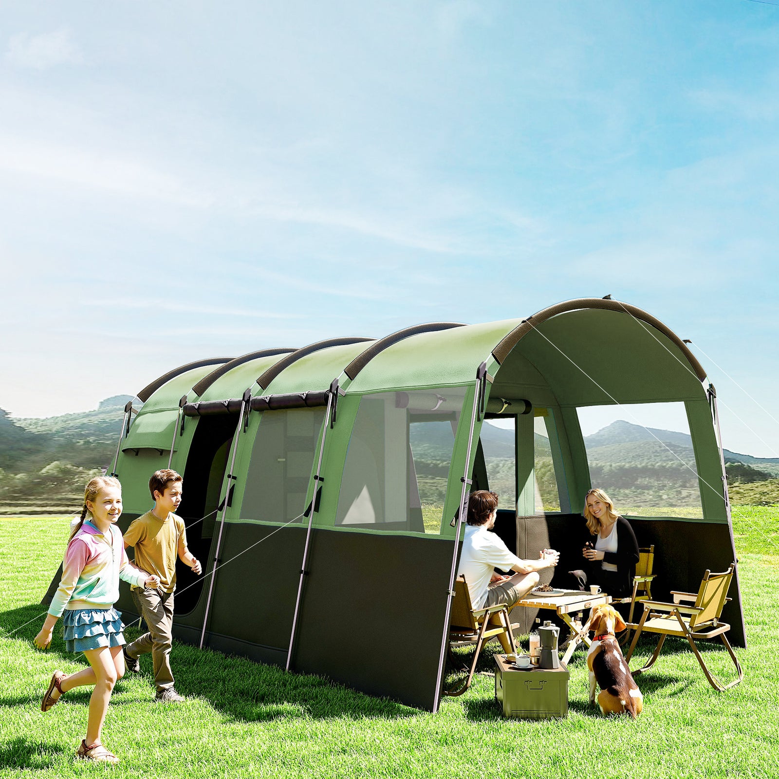 8-Person Camping Tent, Waterproof Family Tent, Tunnel Design, 4 Large Windows, Sleeping Cabins 3000mm Water Column Green