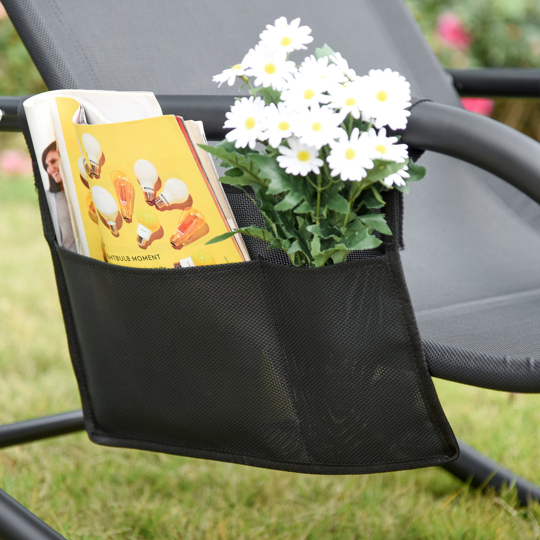 2PCs Outdoor Garden Rocking Chair, Patio Sun Lounger Rocker Chair with Breathable Mesh Fabric, Removable Headrest Pillow, Armrest, Side Storage Bag, Black
