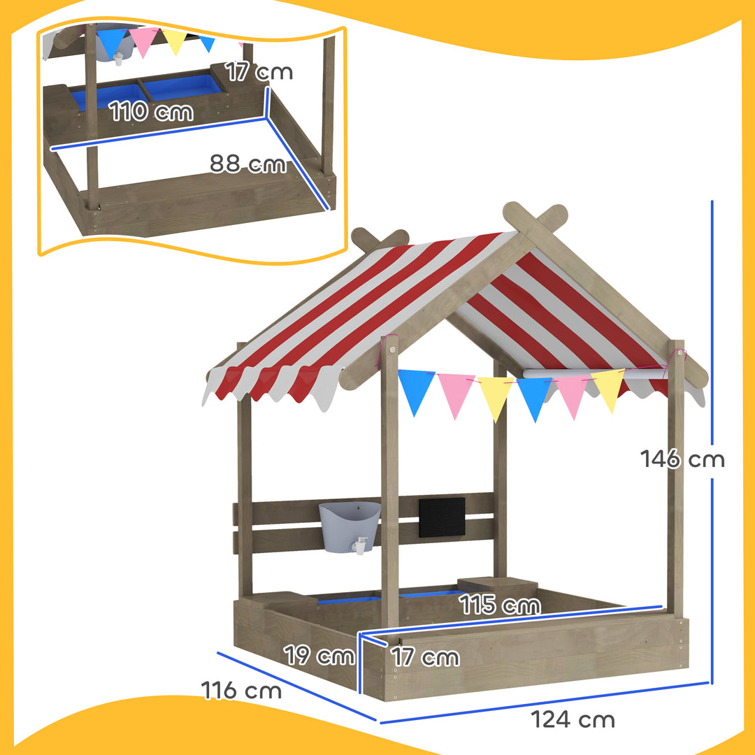 House-Designed Wooden Sandbox, Outdoor Sandpit, with Blackboard, Toys, Sink, Seats, Flags, for Ages 3-7 Years - Grey