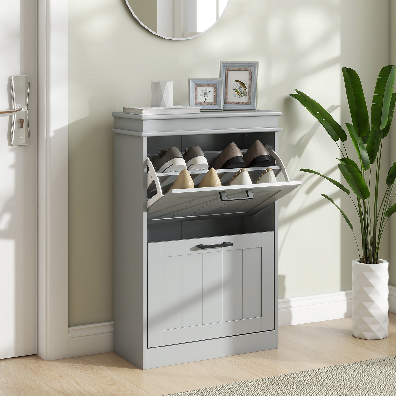 Two-Drawer Minimalistic Shoe Storage Cabinet, for 10 Shoes, Grey