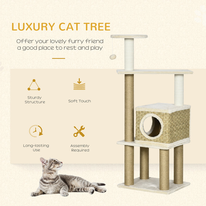 PawHut Cat Tree Tower, Indoor Climbing Activity Centre for Kittens with Jute Scratching Posts, Cosy Condo, Stand & Hanging Ball Toy, Beige | Aosom UK