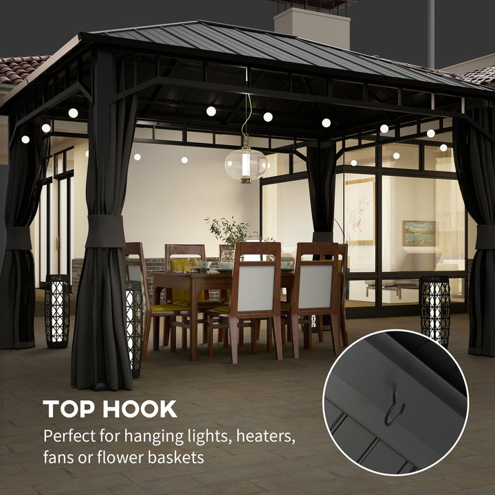 3 x 4m Hardtop Gazebo with Galvanised Steel Roof and Water Gutter, Waterproof Permanent Pavilion Garden Gazebo with Netting and Curtains for Patio, Deck