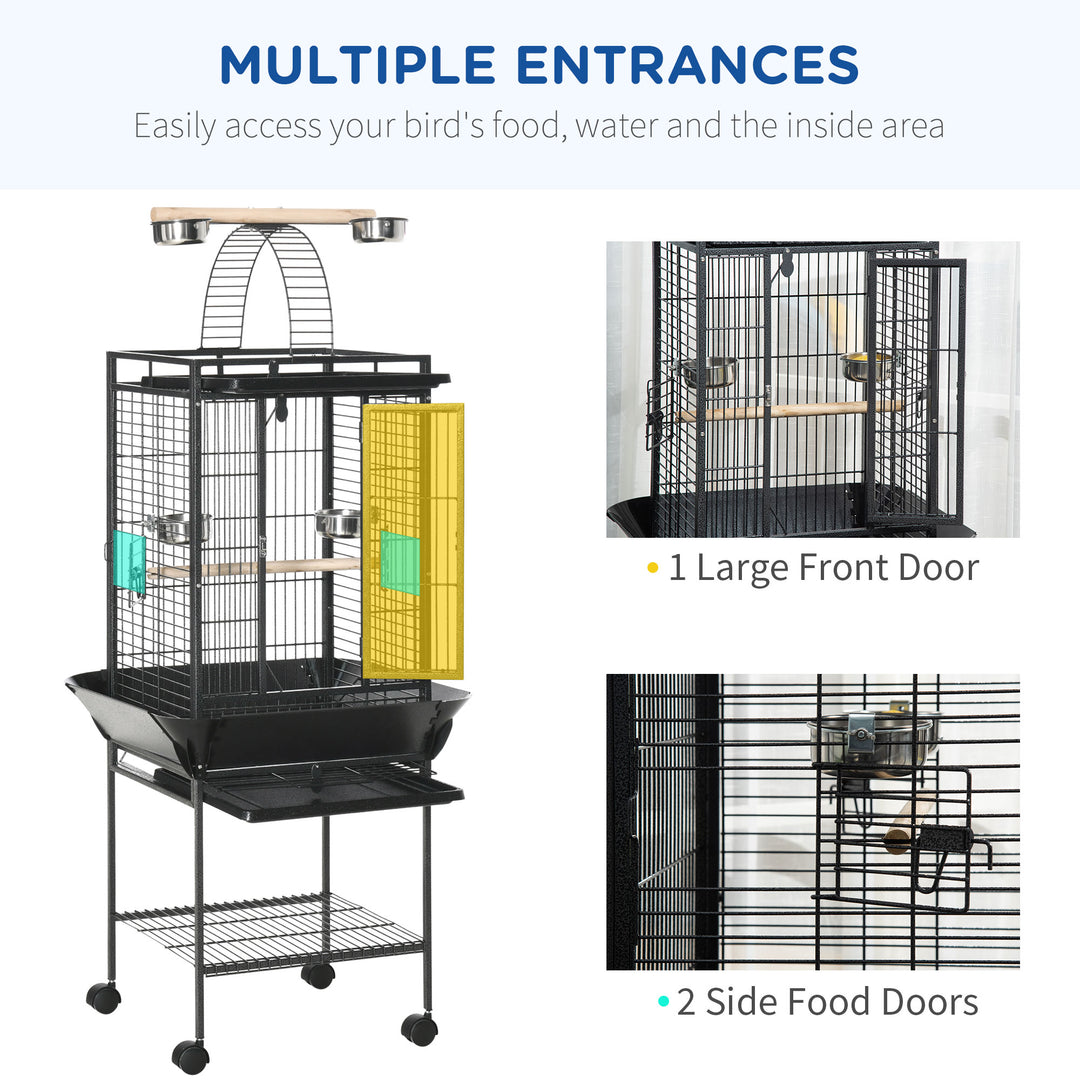 156cm Bird Cage,Large Parrot Cage with Open Play Top, Perch, Seed Guard, Wheels, Storage Shelf, Dark