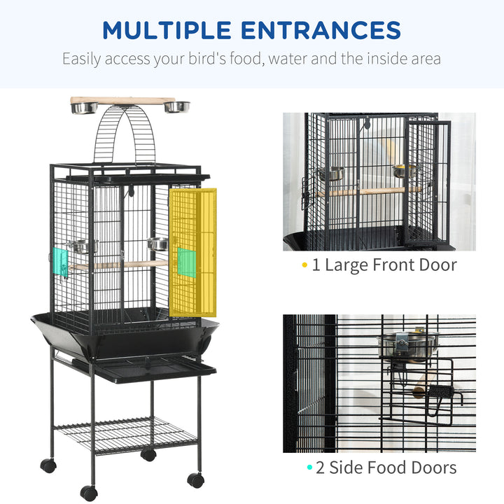 156cm Bird Cage,Large Parrot Cage with Open Play Top, Perch, Seed Guard, Wheels, Storage Shelf, Dark