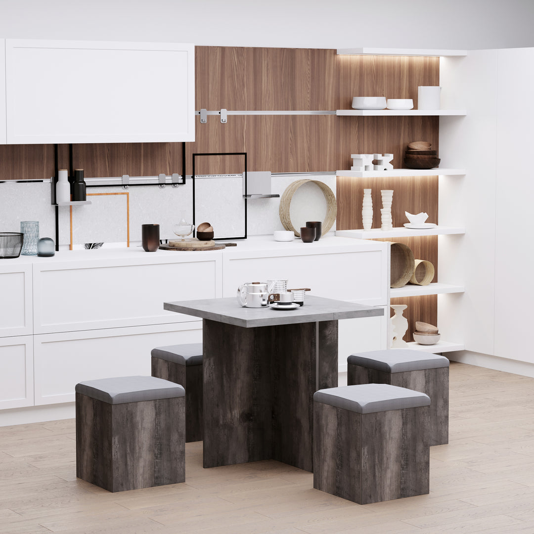 MCL 5PC Dining Set Garden Patio Wooden Set 4 Storage Stools Footrest Ottoman with Cushions + 1 Table Space Saving Design Indoor Outdoor