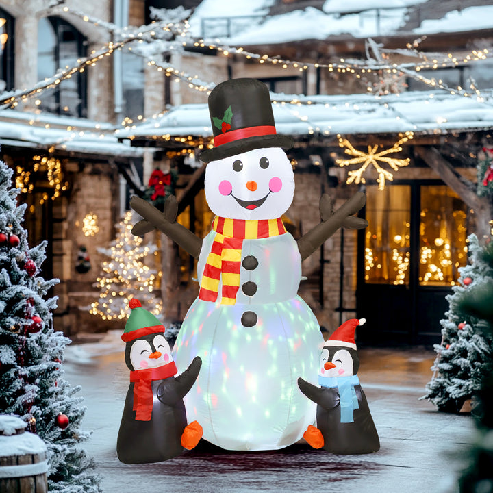 Outsunny 6FT Christmas Inflatables Snowman &amp; Penguins with Built-in LED Lights and Flashing Projector Light, Blow Up Christmas Inflatable Decoration for Indoor Outdoor Decor, Garden