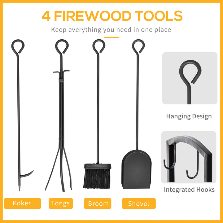 Metal Firewood Log Holder 2 Layer Firewood Rack Indoor Outdoor Fireplace Wood Storage Shelf with 4 Tools and Hooks, Black, 40L x 30W x 74.5H cm