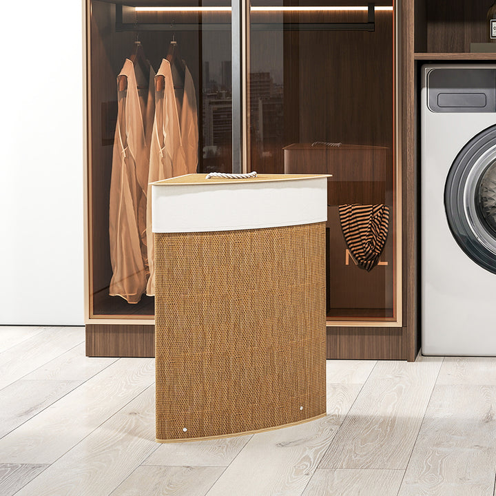 Bamboo Laundry Basket with Lid, 55L Corner Laundry Hamper with Removable Washable Liner Bag, Bathroom Triangle Washing Basket, 35 x 35 x 60 cm, Brown