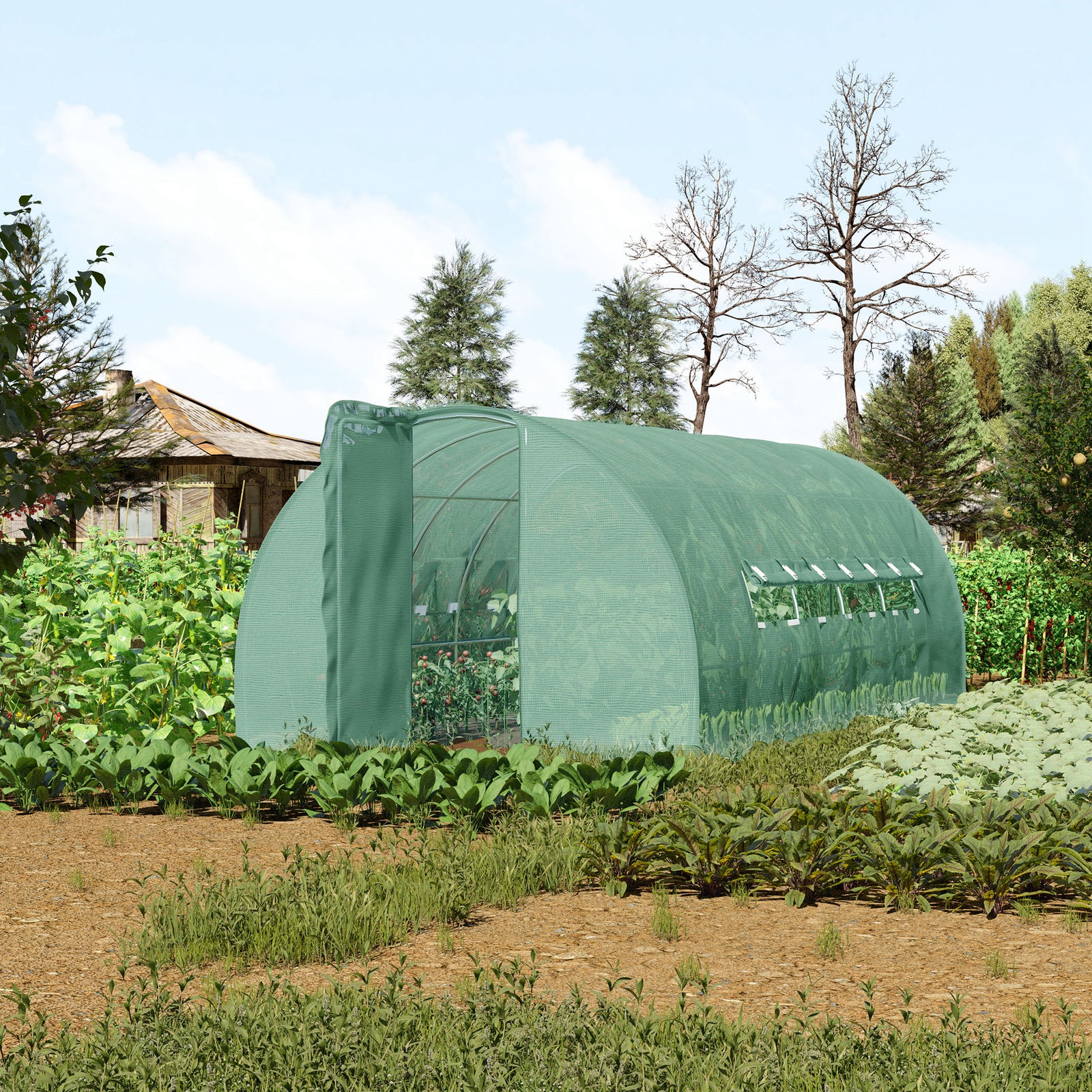 Large Polytunnel Walk In Greenhouse, Plant Gardening Tunnel Green House with Metal Hinged Door, Galvanised Steel Frame & Mesh Windows, Green (3 x 6 m)