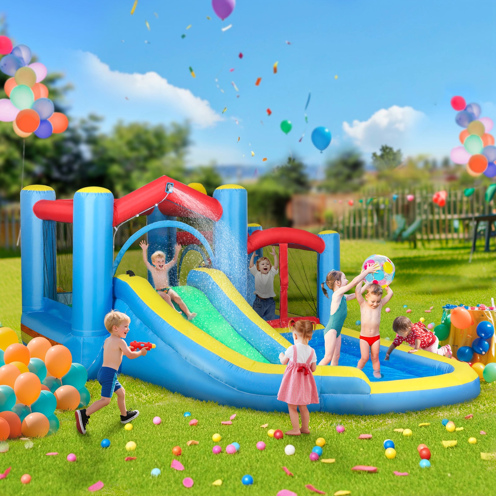 Inflatable Bouncy Castle with 550W Blower, Basketball Hoop, Long Slide