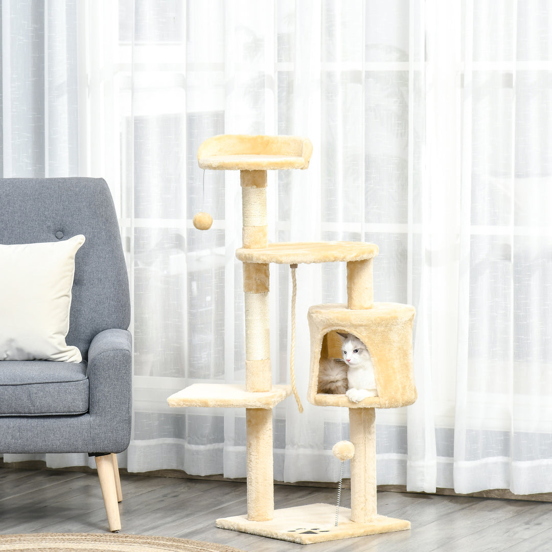 MCL Cat Tree for Indoor Cats Pet Activity Centre Kitty Condo Climbing Scratching Post with Toys 4-tier 114cm Tall Beige