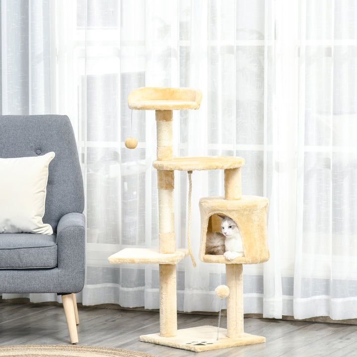 MCL Cat Tree for Indoor Cats Pet Activity Centre Kitty Condo Climbing Scratching Post with Toys 4-tier 114cm Tall Beige