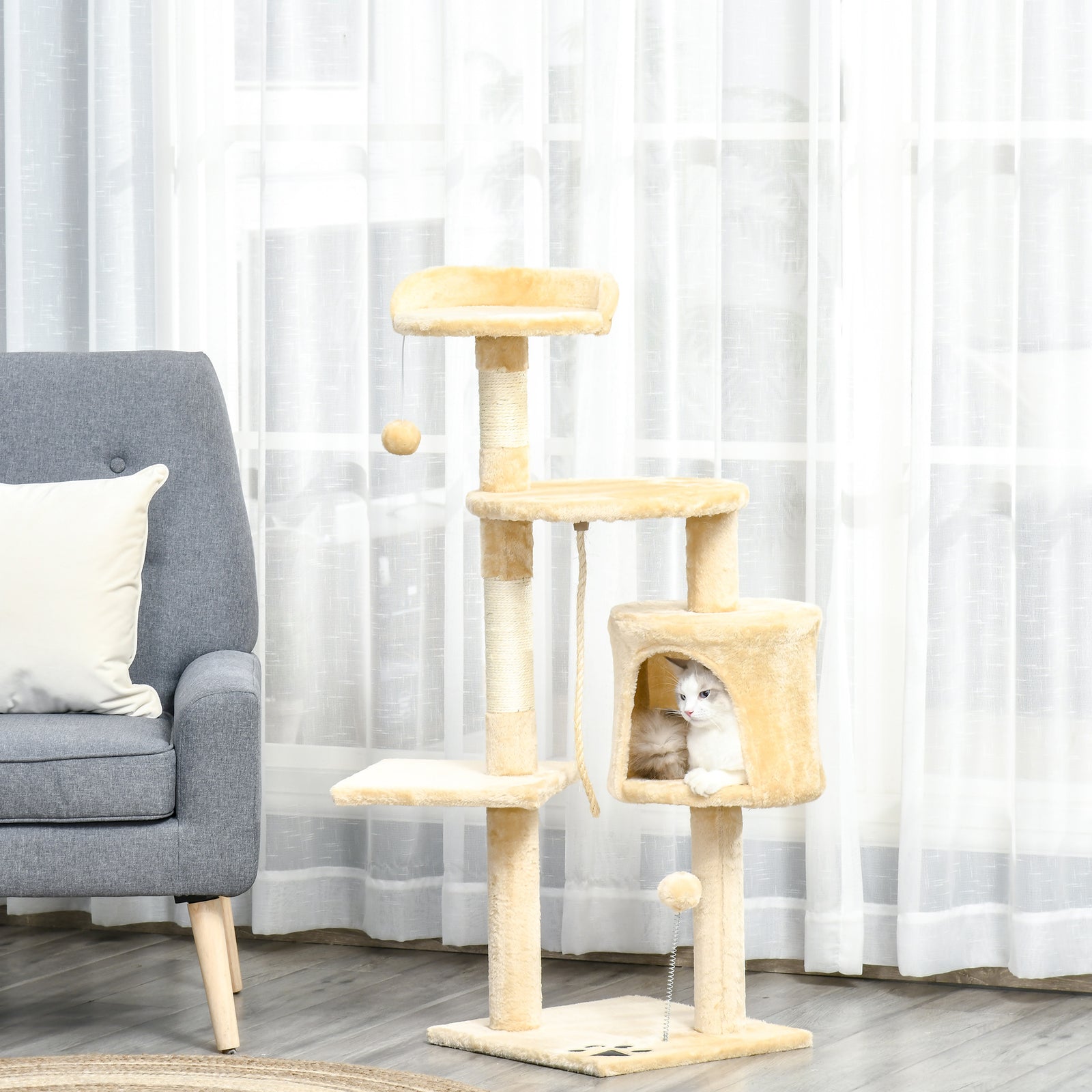 Cat Tree for Indoor Cats Pet Activity Centre Kitty Condo Climbing Scratching Post with Toys 4-tier 114cm Tall Beige