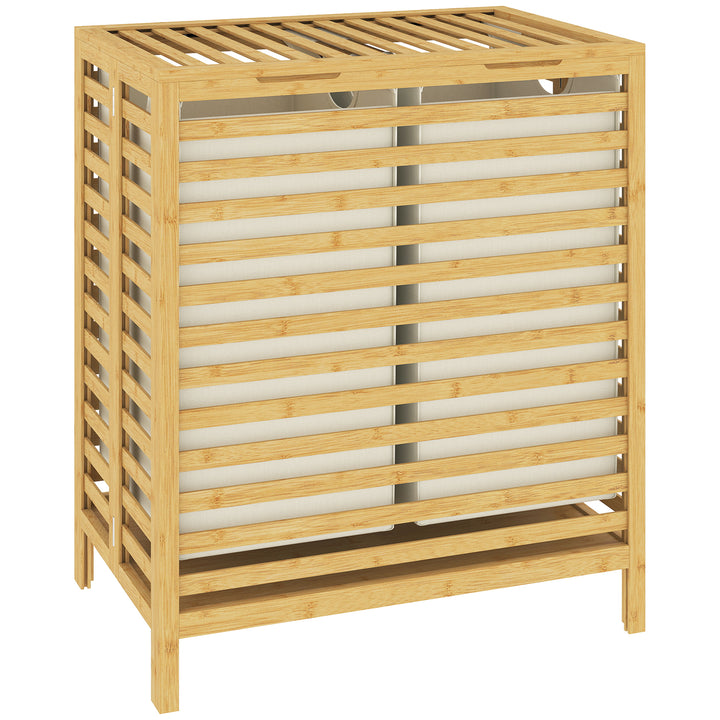 Bamboo Laundry Basket with Lid, 2 Baskets, Foldable, 64L, Natural and 