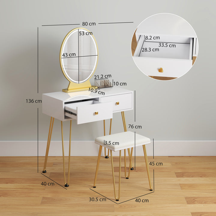 MCL Dressing Table with LED Mirror and Cushioned Stool, Vanity Desk with Acrylic Lipstick Holder and 2 Drawers, Makeup Table for Bedroom, White