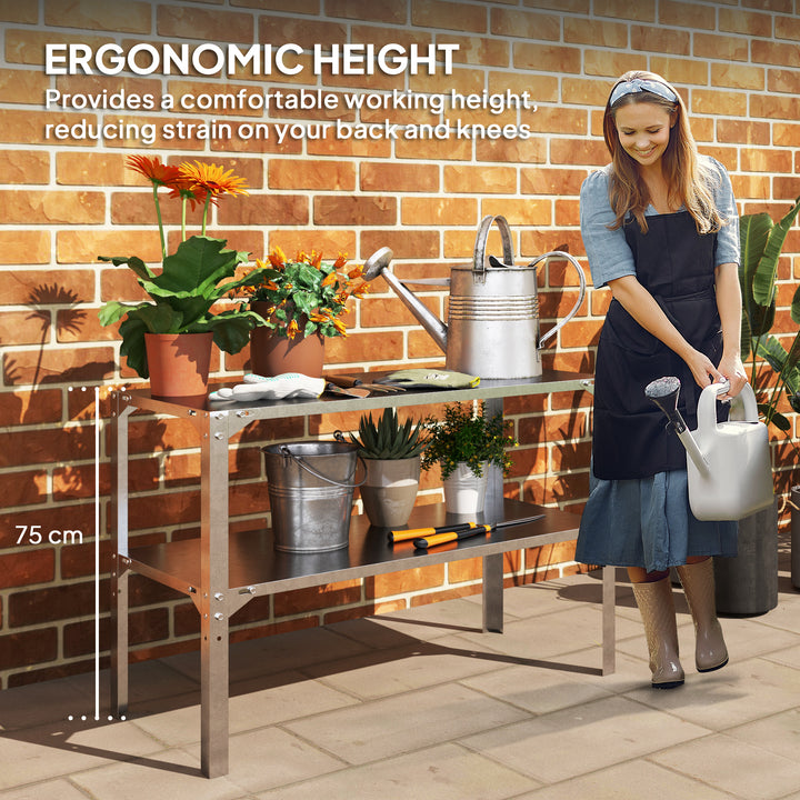 2 Tier Potting Bench Table, Galvanised Steel Garden Planting Work Bench Workstation with Storage Shelf for Outdoor, Patio, Greenhouse, 110 x 50 x 75 cm, Silver Tone