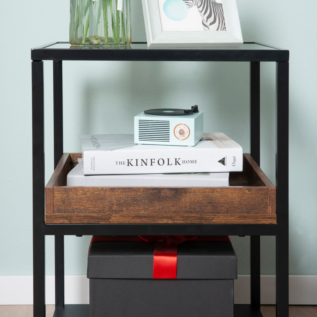 Industrial Side Table, 3-Tier End Table with Glass Top, Storage Shelves, Nightstand with Steel Frame for Bedroom, Living Room, Rustic Brown