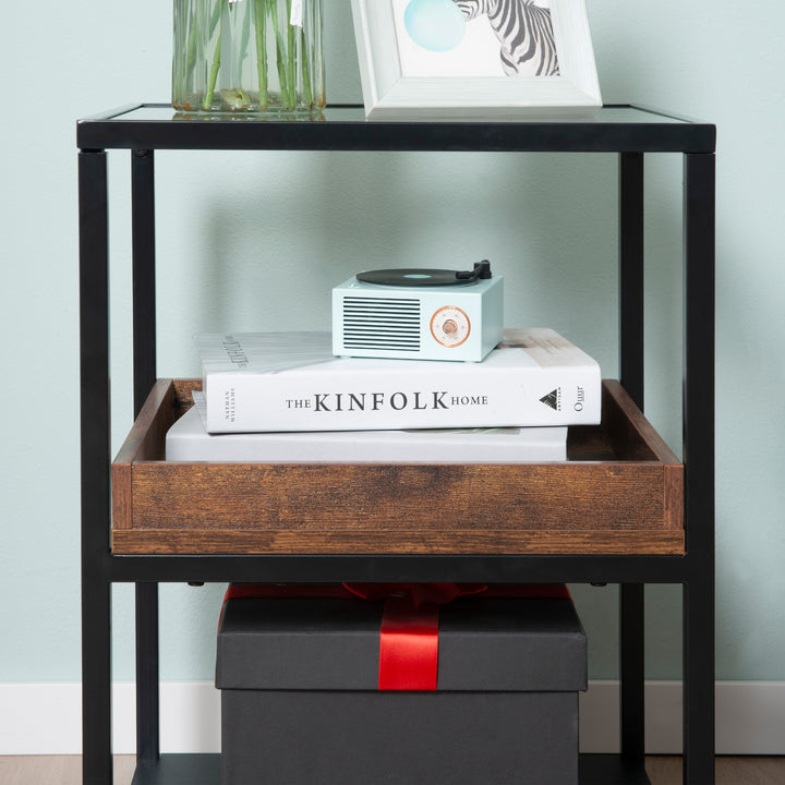 Industrial Side Table, 3-Tier End Table with Glass Top, Storage Shelves, Nightstand with Steel Frame for Bedroom, Living Room, Rustic Brown