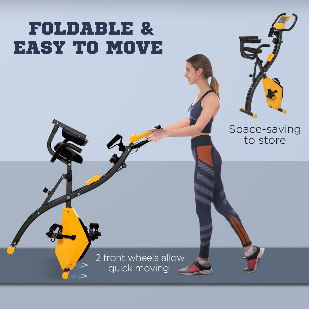 2-in-1 Folding Exercise Bike with 8-Level Magnetic Resistance, Arm Resistance Band, Pulse Sensor, Yellow