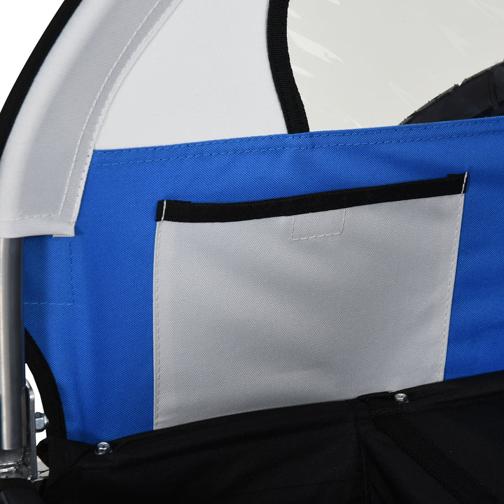 2 Seat Bike Trailer Bicycle wagon for Kids Child Steel Frame Safety Harness Seat Carrier Hitch Coupler Blue White 130 x 76 x 88 cm