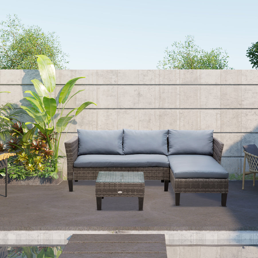 3 Pcs Garden Sofa PE Rattan Set w/ 2 Seats Square Glass Top Coffee Table Thick Cushions Solid Legs Metal Frame Patio Outdoor Balcony Patio L Corner Shape - Grey