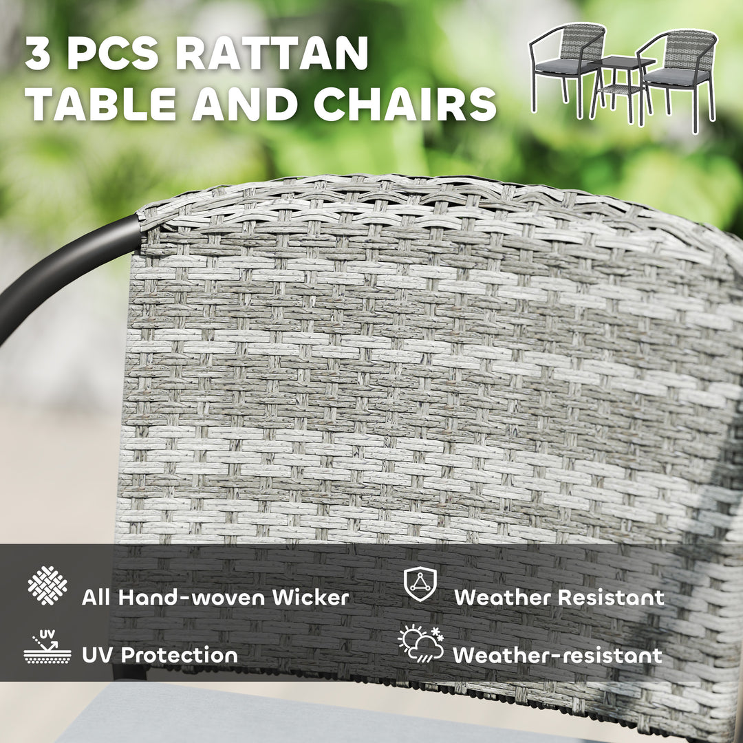 3 Pieces Rattan Bistro Set with Cushions, Wicker Garden Furniture Set, Glass Top Coffee Table and Chairs for Outdoor Patio, Balcony, Terrace and Conservatory, Grey
