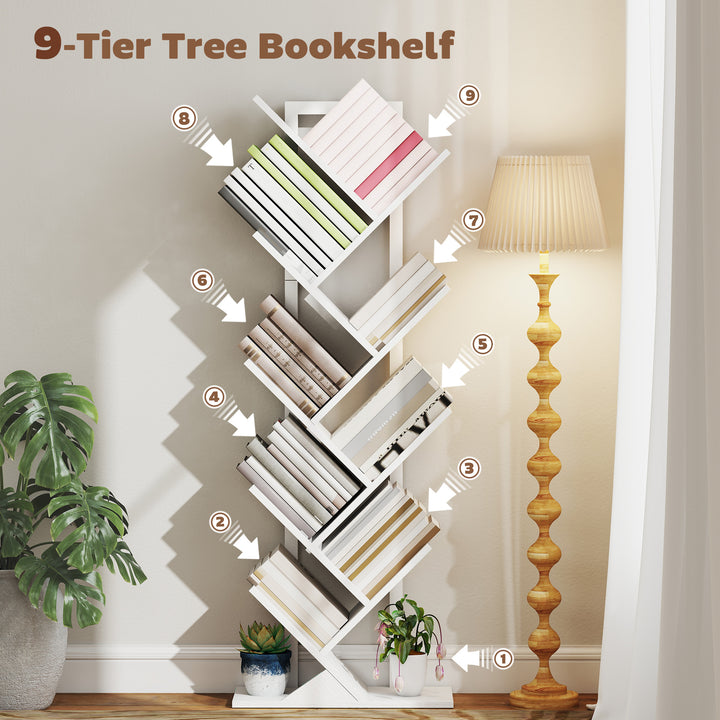 9-Tier Tree Bookshelf, Industrial Free Standing Bookcase with Steel Fr